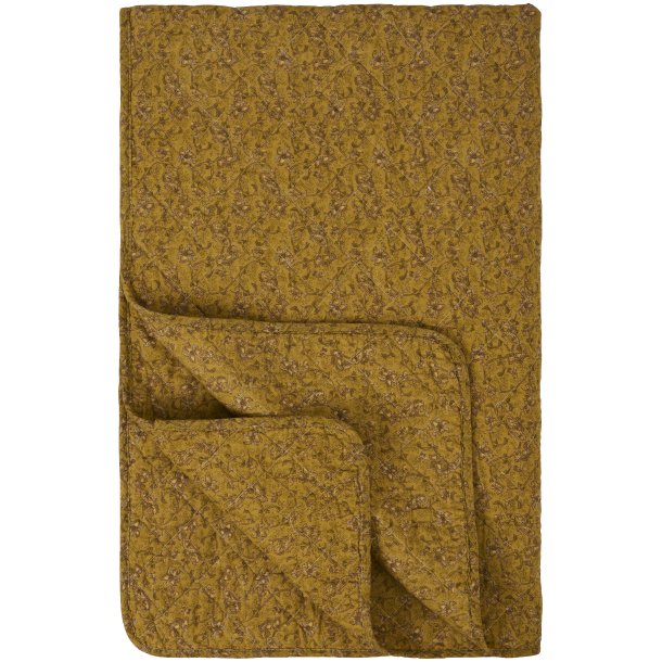 Quilt t�ppe - mustard m/gr�nne, gr� og brune blomsterranker