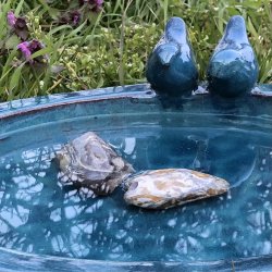 Slges i kun grdbutikken! Fuglebad - aqua bl keramik - 329,-