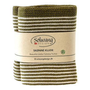 2 vaskeklude - natur/olivenfarvede striber - strikket - kologisk bomuld.