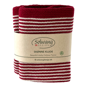  2 vaskeklude - natur/dyb rde striber - strikket - kologisk bomuld.